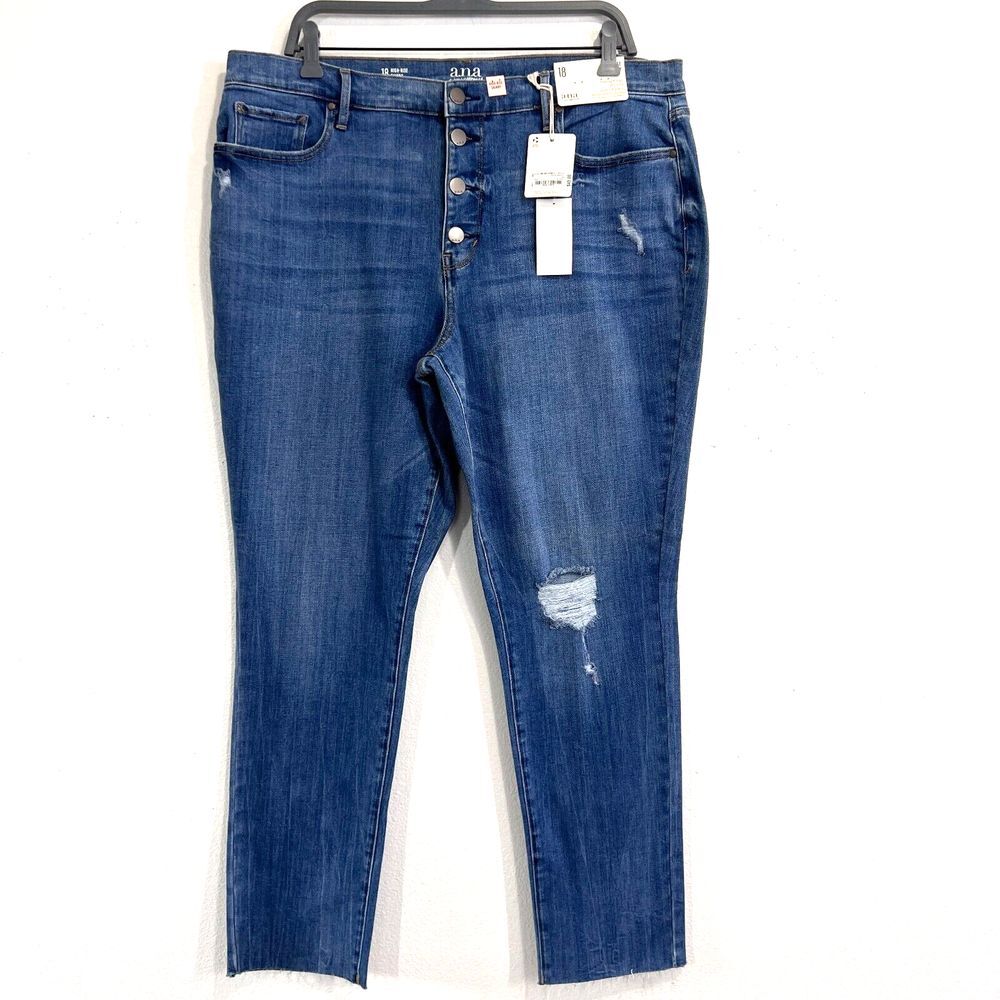 a.n.a Jeans Womens 18 High Rise Skinny Leg  Raw Hem‎  Blue Button Fly Distressed